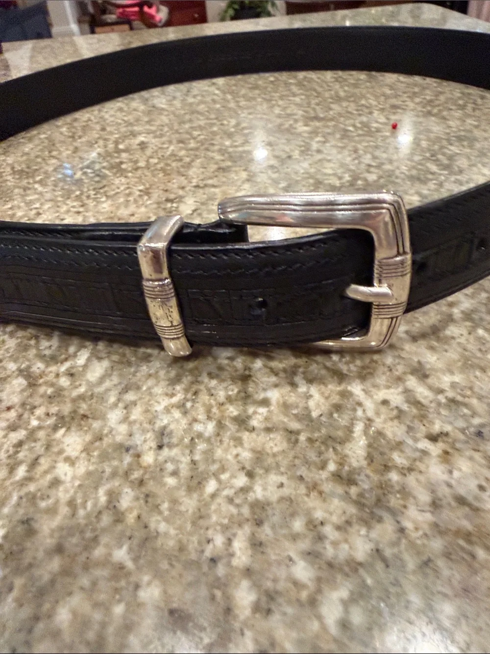Vintage PGA Tour Black Textured Leather Belt with Carved Silver Buckle Size 38